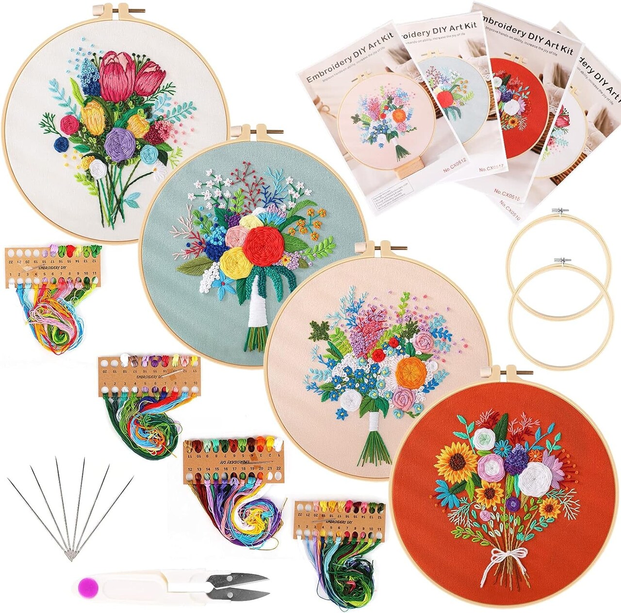 Embroidery Starters Kit with Pattern for Beginners, 4 Pack Cross Stitch Kits, 2 Wooden Embroidery Hoops,Scissors,Needles and Color Threads,Needlepoint Kit for Adults